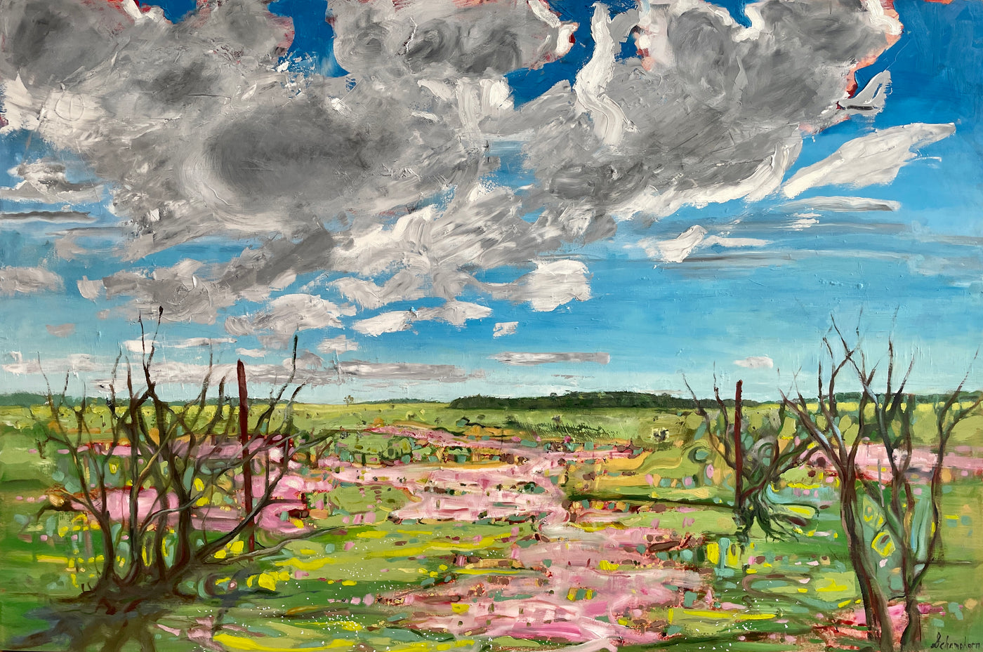 Fence Posts and Prairie Smoke — painting by Liz Schamehorn