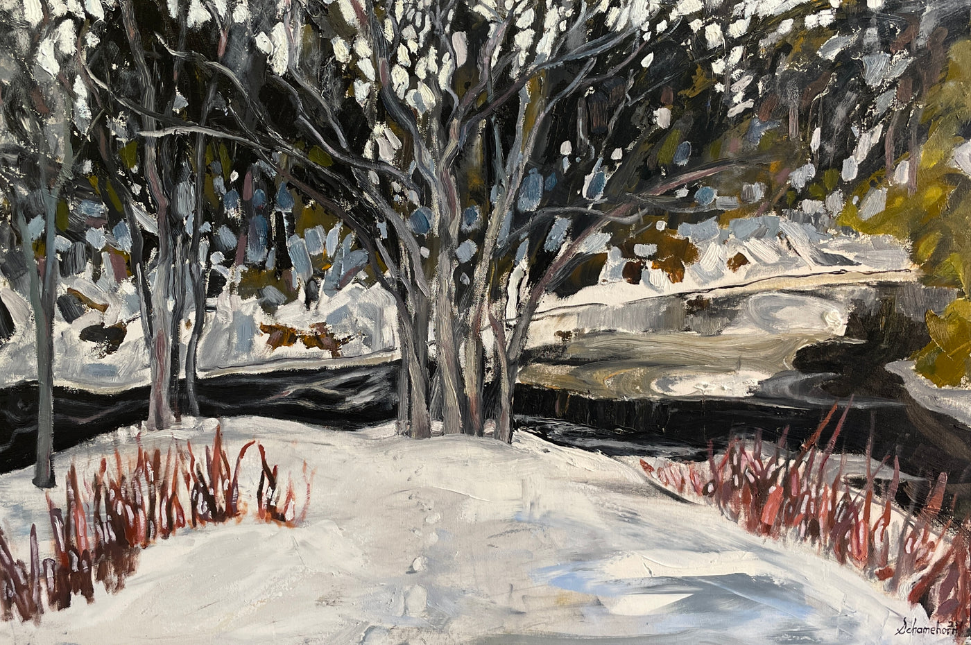 Cedars on the Far Shore — painting by Liz Schamehorn