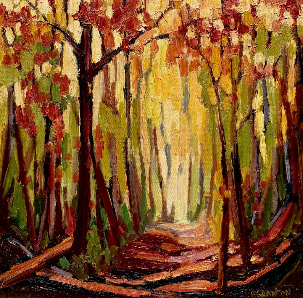 Painting of a forest path with autumnal colors